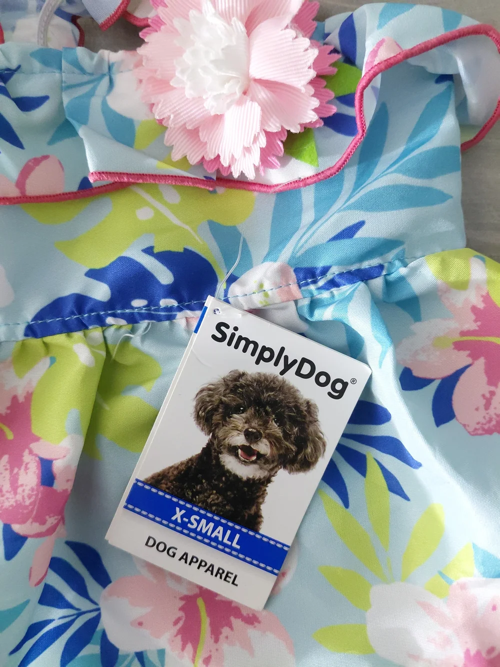 SimplyDog Light Blue Floral Dog Dress with Pink Flower Accent